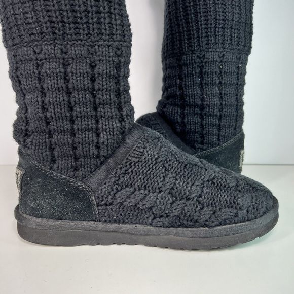UGG Australia Boots Women's Sz 7 Black Gray Buttons Foldover Cable Knit - Picture 12 of 16